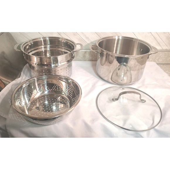 Goodful Other - Goodful 8 Quart Big Stockpot 3 Piece Steamer Strainer Colander Steel W Glass Lid